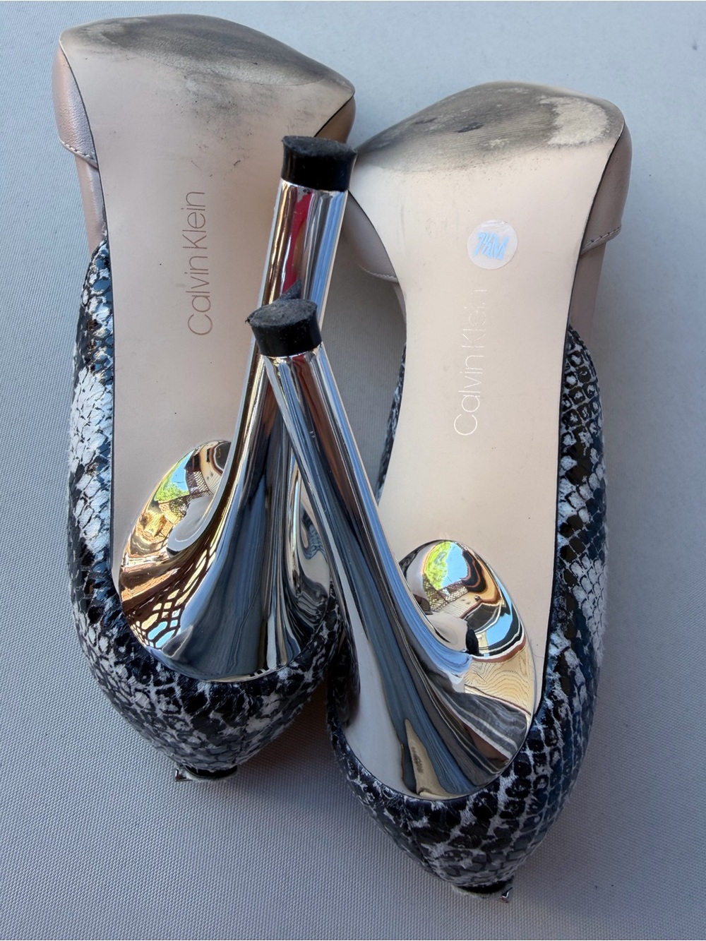 Chrome Heels Calvin Klein Sebrina Pumps Nude Leather Snake Print Stilettos - Picture 10 of 10